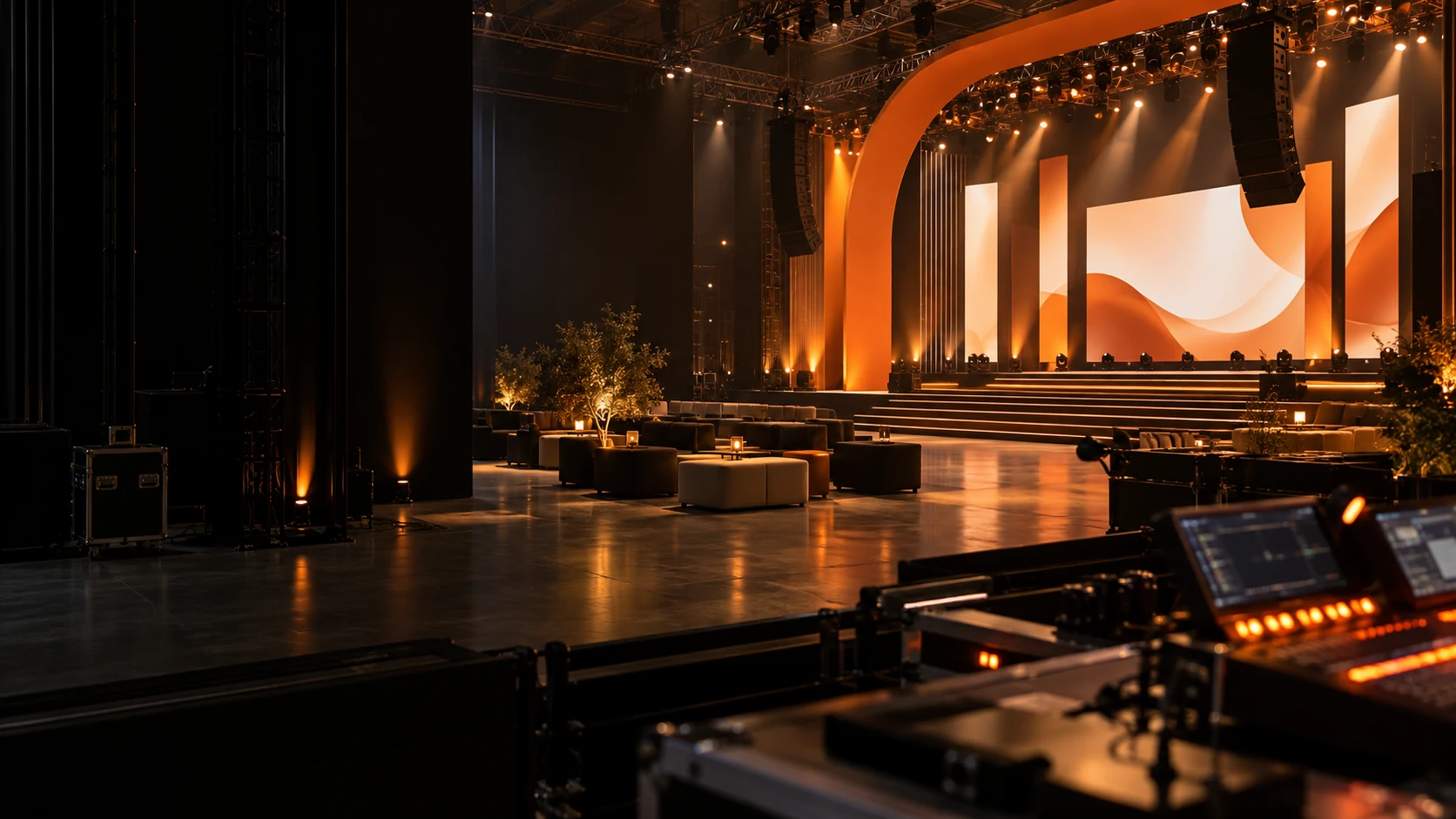 Escena conceptual de una experiencia de marca con escenario e iluminación naranja, sin personas