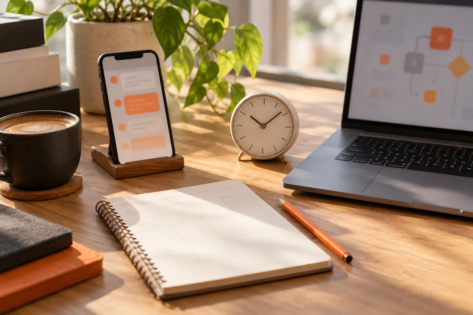 Teléfono, cuaderno de agenda y reloj sobre un escritorio ordenado, sin personas