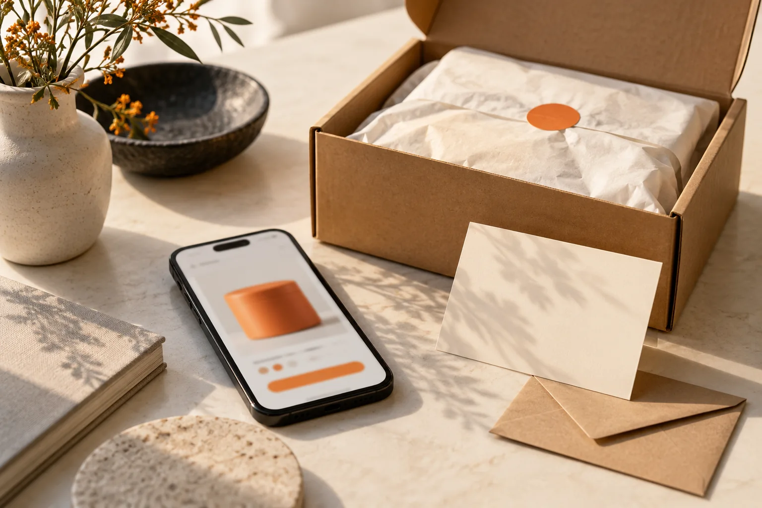 Teléfono, empaque y tarjeta que representan momentos de una experiencia de compra, sin personas