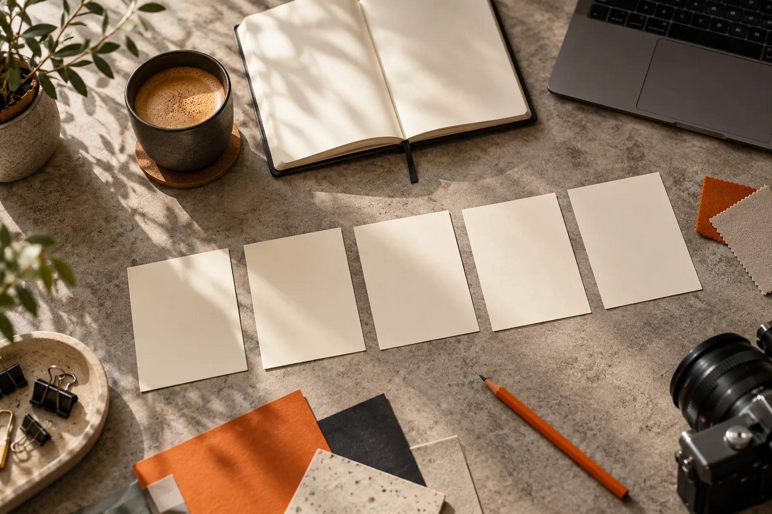 Mesa de planificación creativa con cuaderno, tarjetas y materiales de campaña, sin personas